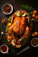 Festive Feast, Roasted Turkey, Herbs, Gravy, Cranberry Sauce on a Dark Wooden Table photo