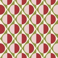 Simple geometric seamless pattern of rhombuses, triangles and circles in green, pale pink, cream and red colors. Vector illustration for fashion design, wallpaper, textile, fabric, wrapping paper.