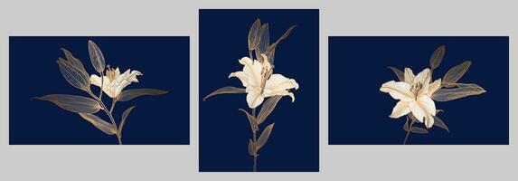 A set of frames with golden metallic lily flowers linear drawings with white flower heads on deep blue. Design for print, poster, invitation, postcard and packaging. vector