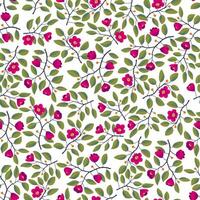 Floral background - seamless pattern, branches with leaves and bright magenta flowers on white. Vector illustration, design for wallpaper, textile, fabric, wrapping.