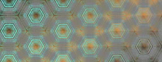 Hexagon pattern, abstract cyan, grey and bronze textured kaleidoscope ornament. Symmetric geometric design for wallpaper, background, banner, cover, collage, packaging. vector