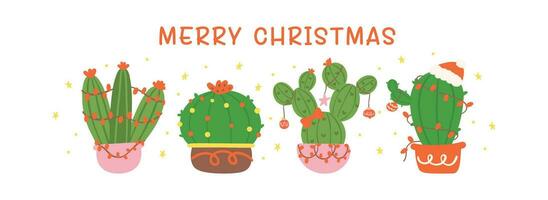 Cute Christmas Cactus Cartoon banner, Kawaii Retro Western plant Hand Drawing and Festive Flat Design vector