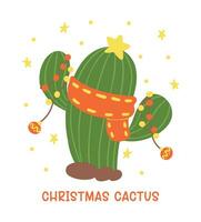 Cute Christmas Cactus Cartoon, Kawaii Retro Western Cowboy Hand Drawing and Festive Flat Design vector