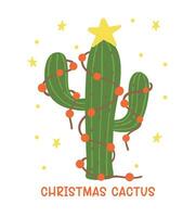 Christmas Cactus Cartoon, Cute Retro Western Cowboy Hand Drawing and Festive Flat Design vector