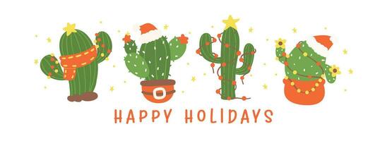 Cute Christmas Cactus Cartoon banner, Kawaii Retro Western plant Hand Drawing and Festive Flat Design vector