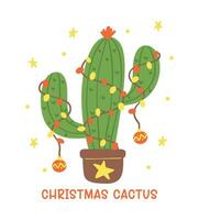 Christmas Cactus Cartoon, Retro Western Cowboy Hand Drawing and Festive Flat Design vector