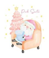 Cute Pink Christmas Santa Claus in Cozy Sofa watercolor vector