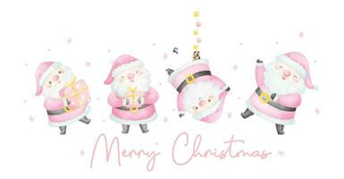 Group of Cute Pink Christmas Santa Claus watercolor banner with Adorable Smile Greeting card Cartoon character Hand Painting vector