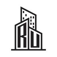 ru real inmuebles logo con edificio estilo , real inmuebles logo valores vector