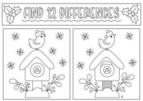 Christmas black and white find differences game for children. Attention skills activity with cute bird house, snowflakes. New Year line puzzle or coloring page for kids. What is different worksheet vector