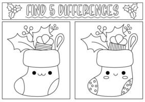 Christmas black and white find differences game for children. Attention skills activity with cute stocking with holly and present. New Year line puzzle or coloring page. What is different worksheet vector