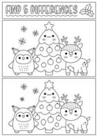 Christmas black and white find differences game for children. Attention skills activity with cute owl, decorated tree, deer. New Year line puzzle or coloring page for kids. What is different worksheet vector