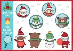 Christmas find the right reflection activity. Logical matching quiz with Santa Claus, snowman, elf, bear. Winter holiday puzzle with cute kawaii characters. Find correct mirror printable worksheet vector