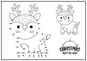 Vector Christmas dot-to-dot and color activity with cute kawaii deer. Winter holiday connect the dots game for children with funny animal. New Year coloring page for kids. Printable worksheet