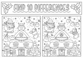 Christmas black and white find differences game for children. Attention skills activity with cute Santa Claus, house, tree, snowman. New Year line puzzle or coloring page for kids vector