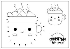 Vector Christmas dot-to-dot and color activity with cute kawaii cacao mug with marshmallow. Winter holiday connect the dots game with hot drink. New Year printable coloring page for kids