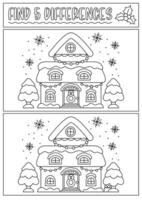 Navidad negro y blanco encontrar diferencias juego para niños. atención habilidades actividad con linda decorado casa, árbol, nieve y copos de nieve. nuevo año línea rompecabezas o colorante página para niños vector