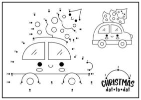 Vector Christmas dot-to-dot and color activity with cute kawaii car with fir tree. Winter holiday connect the dots game for children. New Year coloring page for kids. Printable worksheet