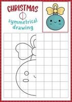 Christmas symmetrical drawing worksheet. Complete colored ball picture. Vector winter holiday writing practice worksheet. Printable black and white activity for preschool kids. Copy the picture