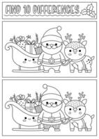 Christmas black and white find differences game for children. Attention skills activity with cute Santa Claus, sledge, deer. New Year line puzzle or coloring page for kids. What is different worksheet vector