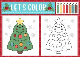 Christmas coloring page for children with cute kawaii decorated tree. Vector winter holiday outline illustration. Color book for kids with colored example. Drawing skills printable worksheet