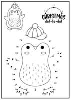 Vector Christmas dot-to-dot and color activity with cute kawaii penguin. Winter holiday connect the dots game for children with funny animal. New Year coloring page for kids. Printable worksheet