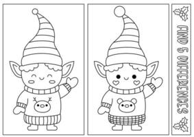 Christmas black and white find differences game for children. Attention skills activity with cute elf in stripy hat. New Year line puzzle or coloring page for kids. What is different worksheet vector