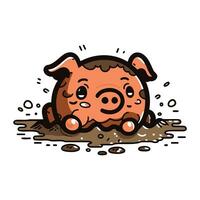 Cute piggy in the mud. Vector illustration on white background.