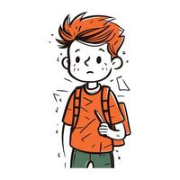 Cartoon illustration of a boy with a bad back to school. vector