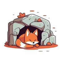Cute fox sleeping in the dog house. Vector illustration in cartoon style.