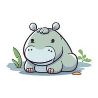 Cute hippopotamus sitting on the grass. Vector illustration.