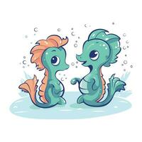 Two cute cartoon seahorses in the water. Vector illustration.