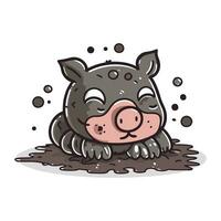 Cute hippopotamus in mud. Vector illustration in cartoon style.