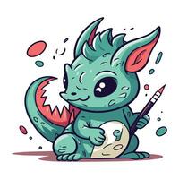 Vector illustration of a cute cartoon dragon with a brush and a ball.