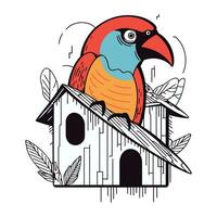 Parrot and birdhouse. Vector illustration in doodle style.