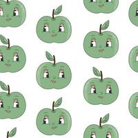 90s Fruit Funny Retro Groovy Pattern with Cartoon Hippie Character. Comic Character of Apple with a face. Groovy Summer Vector Print. Sweet Juicy Fresh Fruits.