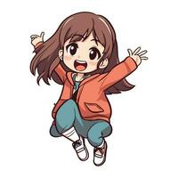 Cute little girl in casual clothes jumping. Cartoon vector illustration.