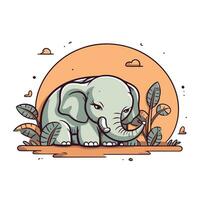 Vector illustration of an elephant in the jungle. Cute cartoon animal character.