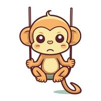 Cute monkey sitting on swing. Vector illustration isolated on white background.