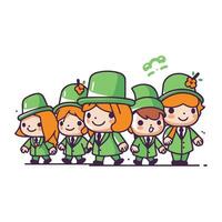St. Patricks Day. Group of kids in leprechaun costume. Vector illustration.