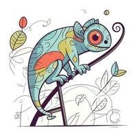 Cute chameleon on the tree branch. Vector illustration.