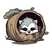 raccoon in a hole on a white background. vector illustration