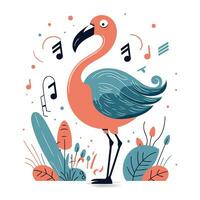 Flamingo and musical notes. Vector illustration in flat style.