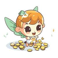 Cute little fairy with a lot of coins. Vector illustration.