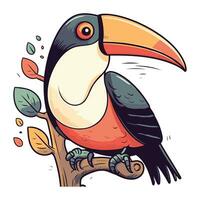 Cute cartoon toucan sitting on a tree branch. Vector illustration.