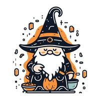 Vector illustration of gnome with cup of tea. Happy Halloween.