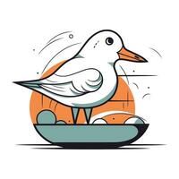 Seagull on the boat in the sea. Vector illustration.