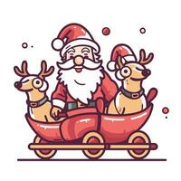 Santa Claus and reindeer rides on a sled. Vector illustration.