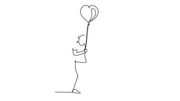 Animated self drawing of continuous line draw young happy man and woman couple take walk at public park together and holding heart shape balloon. Marriage anniversary. Full length single line animated video