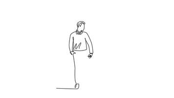 Animated self drawing of continuous line draw young happy man and woman couple take a walk together and holding heart shaped balloon. Romantic marriage love concept. Full length single line animation video